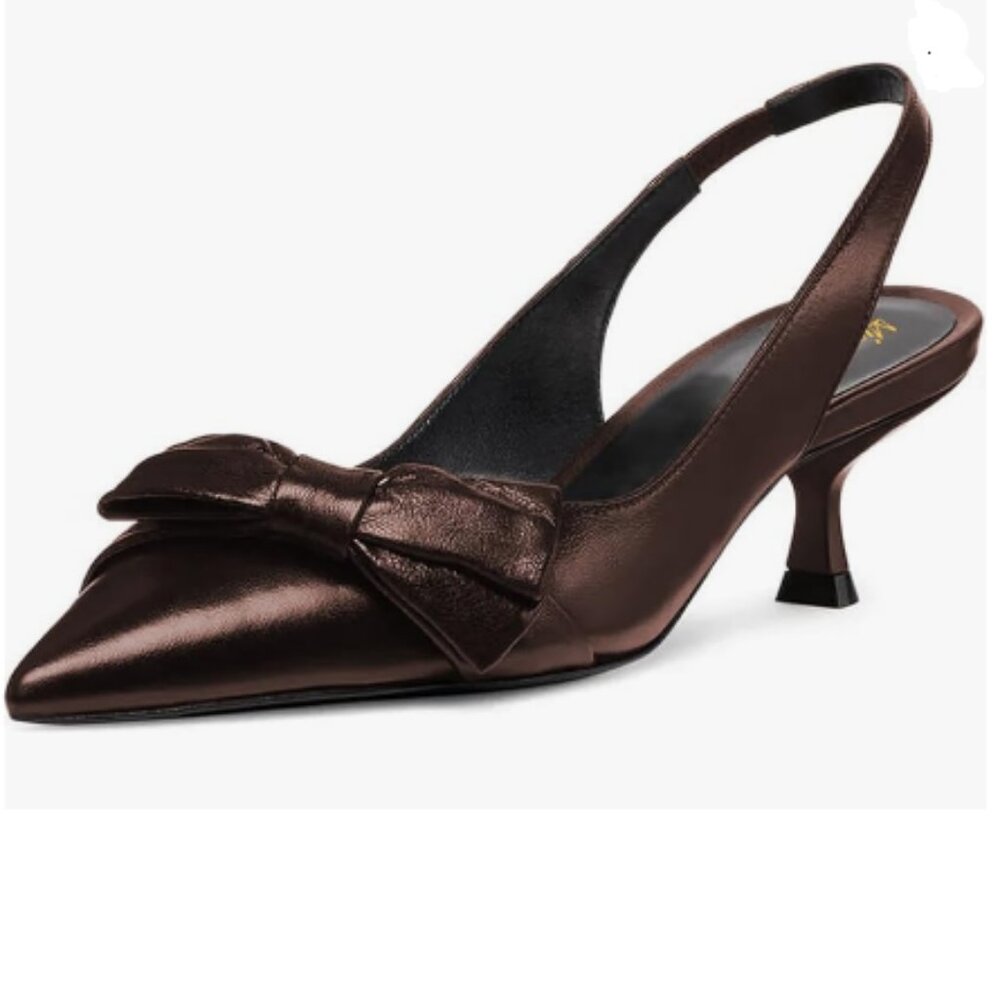 miss left Brown Pointy Toe Bows Pumps Slip On Kitten Heel Slingback Sandals